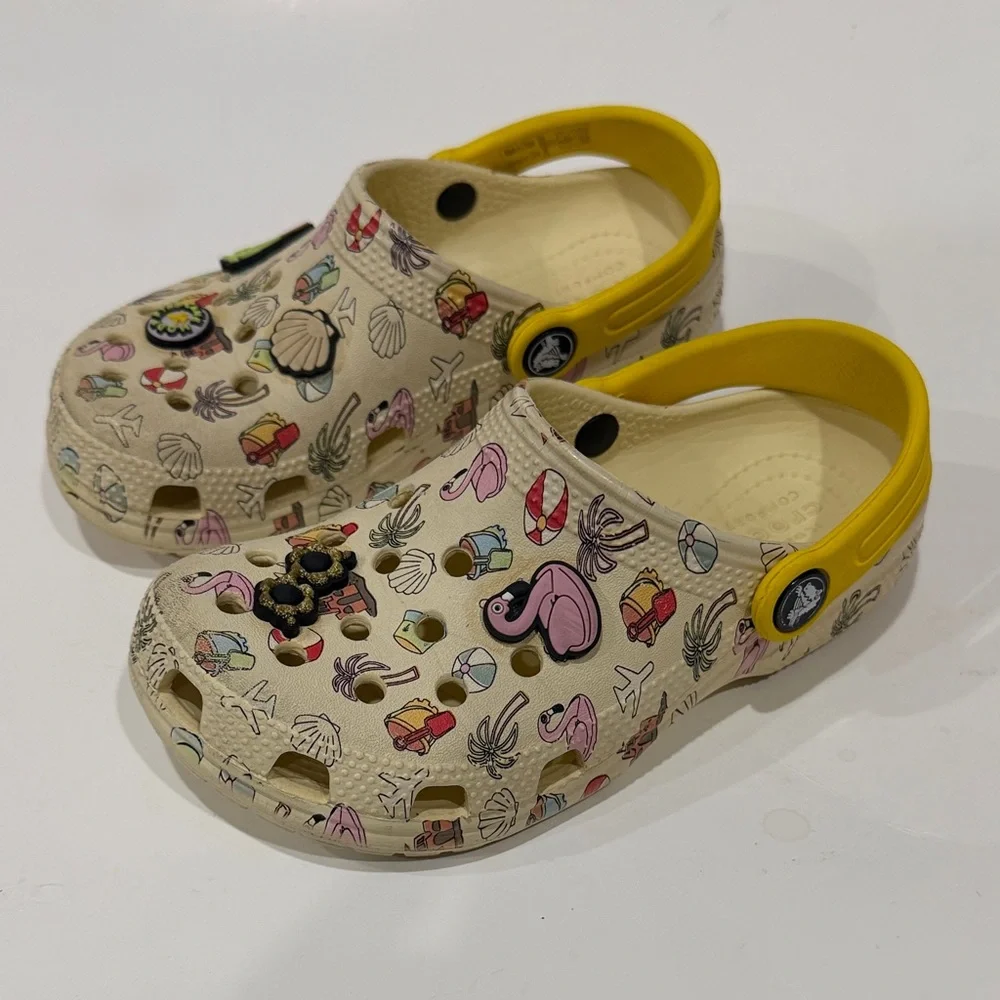 CROCS Kids Beach Print Clogs with Yellow Strap Size 13